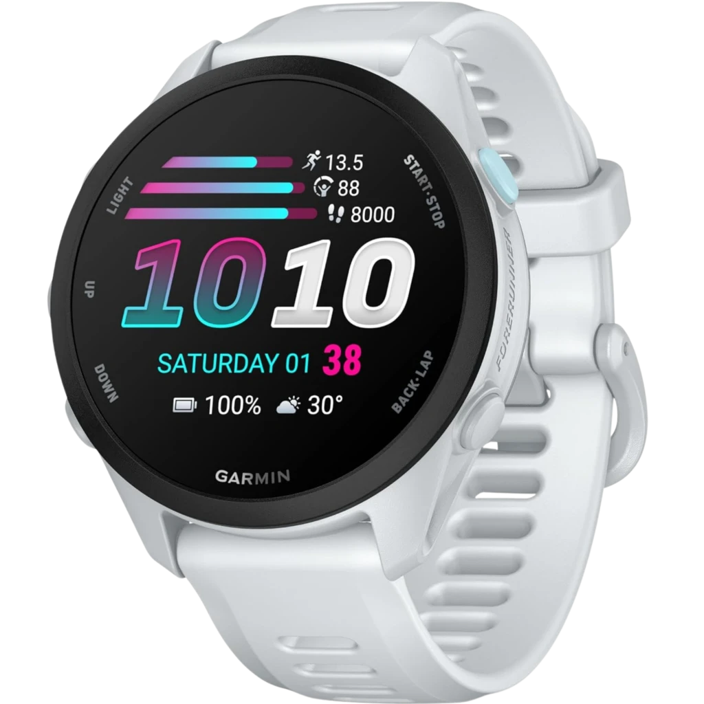 Garmin Forerunner 70 blanco con pantalla AMOLED 1,2 pulgadas, bisel negro, botones laterales, correa ventilada y esfera deportiva con métricas y GPS 5 ATM