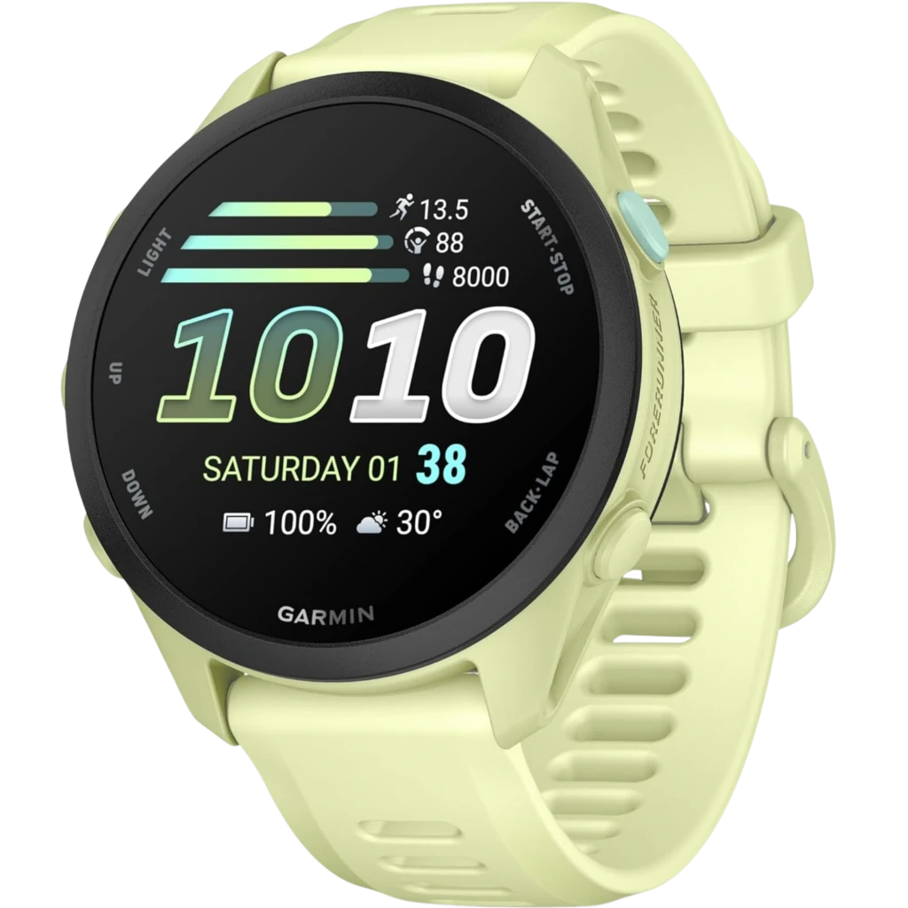 Garmin Forerunner 70 amarillo con pantalla AMOLED 1,2 pulgadas, esfera negra, correas ventiladas, botones laterales y datos de actividad en pantalla