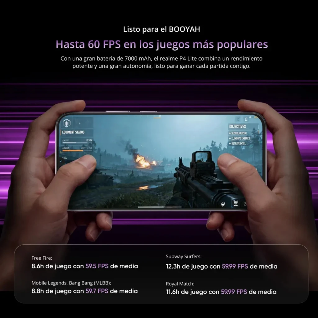 Realme P4 Lite 4G lila con pantalla amplia mostrando juego FPS; marcos delgados, cámara frontal en notch, bordes curvos y agarre cómodo con ambas manos