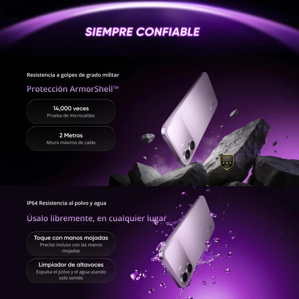 Realme P4 Lite 4G lila con doble cámara, cuerpo resistente ArmorShell, IP64 contra polvo y agua, bordes planos y acabado brillante elegante