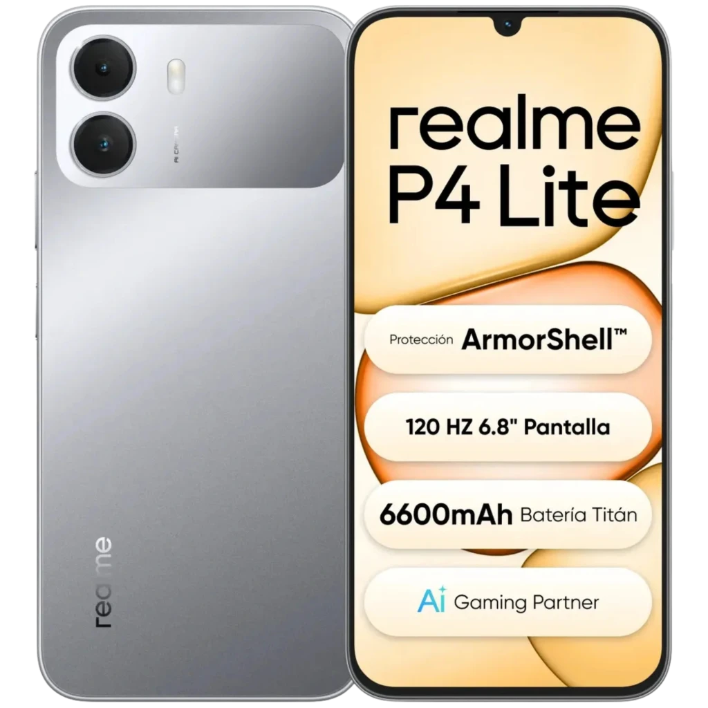 Realme P4 Lite 4G gris con pantalla 6.8 pulgadas 120Hz, notch en gota, doble cámara trasera con módulo ovalado y batería 6600mAh destacada en pantalla