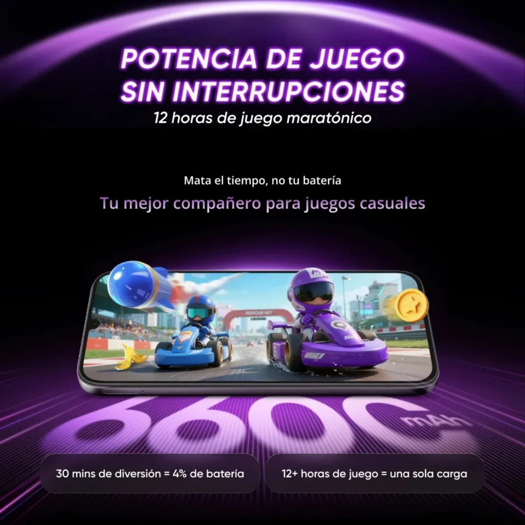 Realme P4 Lite 4G 128 GB Lila 4 GB, pantalla con juego de karts, batería 6300 mAh destacada, diseño moderno, promete 12 horas de juego y carga eficiente