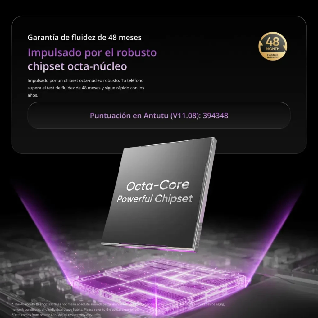 Chipset octa núcleo Realme P4 Lite 4G resaltado en 3D sobre plataforma púrpura luminosa, con sello de garantía 48 meses y puntuación Antutu 393,448