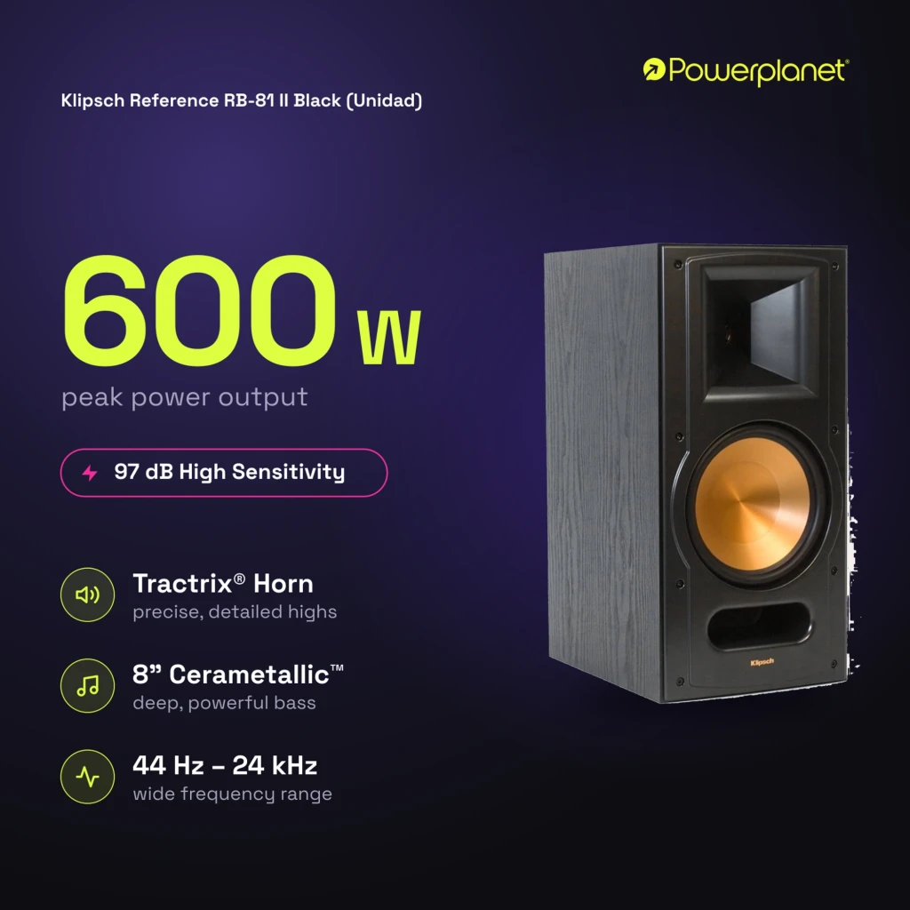 Klipsch Reference RB-81 II Black: altavoz de estantería negro con woofer cerámico dorado de 8 pulgadas y tweeter con bocina Tractrix, diseño robusto y