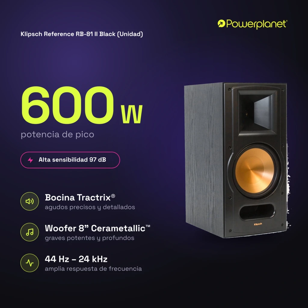 Klipsch Reference RB-81 II Black: altavoz de estante negro con bocina Tractrix y woofer cerametallic de 8 pulgadas en cobre; potencia pico 600 W, 97 dB.