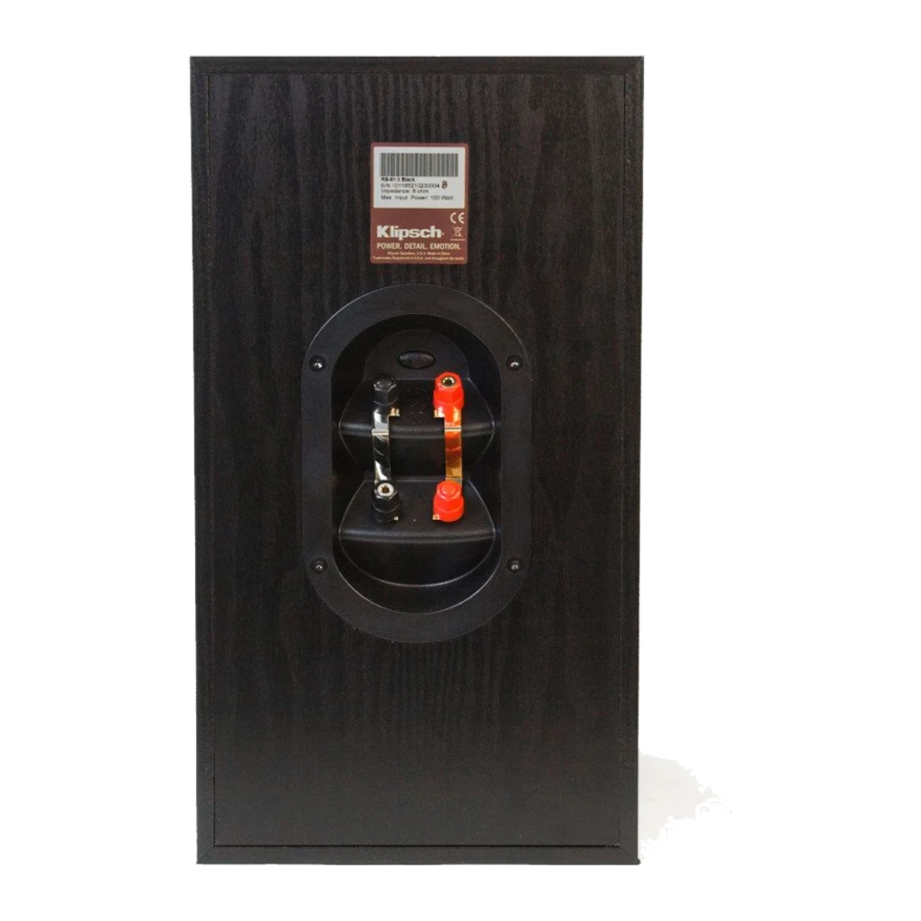 Panel trasero del Klipsch Reference RB-81 II Black con bornes de altavoz bi-wire rojo y negro, acabado en madera negra y etiqueta superior de especificaciones