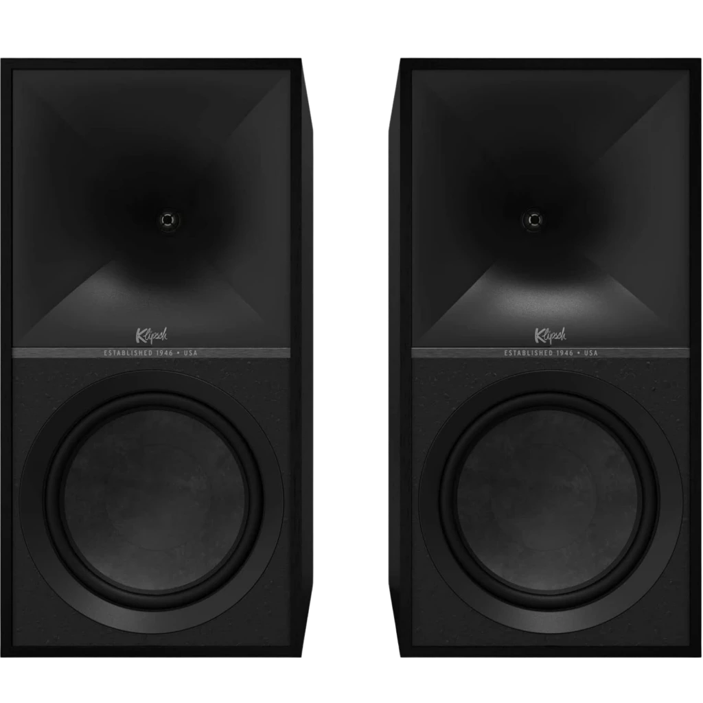 Parlantes Klipsch The Nines 240 W en negro mate con gran bocina de agudos y woofer frontal de gran diámetro, diseño moderno y acabado minimalista