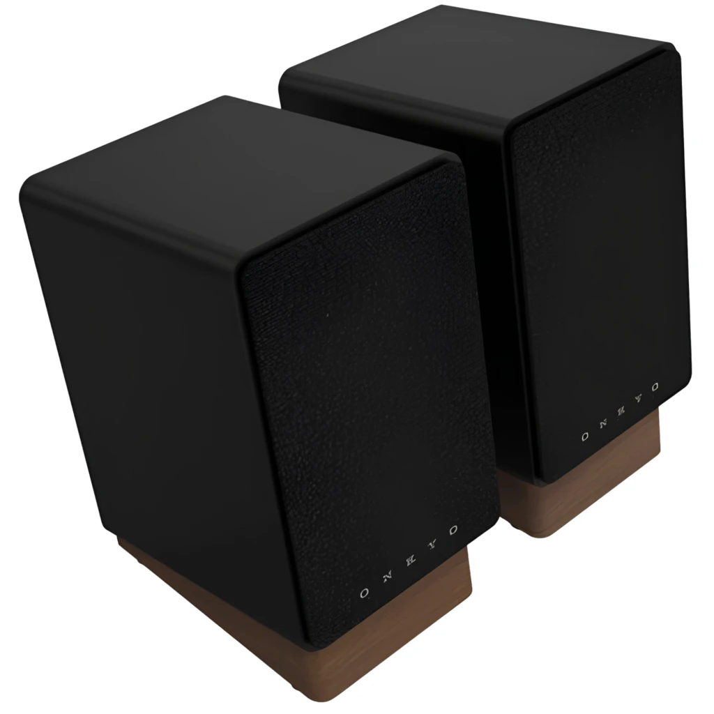 Par de altavoces compactos negros con frontal texturizado y base de madera, diseño minimalista; marca Onkyo visible, formato de estantería elegante