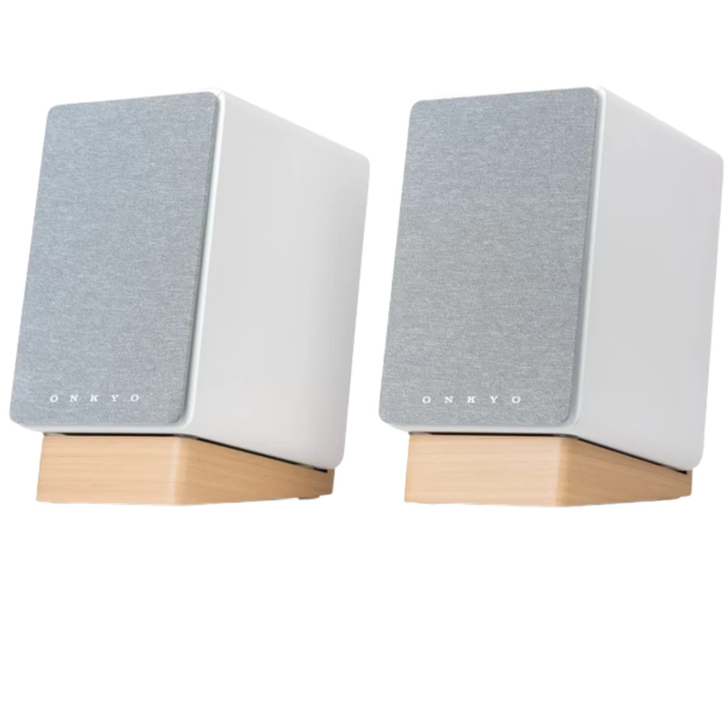 Onkyo GX-30ARC Creator Speaker 2×25 W Bluetooth Blanco, par de altavoces compactos en blanco con rejilla gris y base de madera clara, diseño minimalista