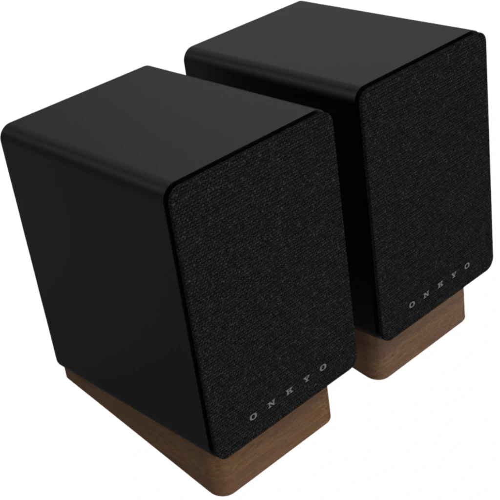 Onkyo GX-10DB Creator Speaker 17W x 2 Bluetooth Negro, par de altavoces compactos en negro mate con rejilla textil y base de madera, diseño minimalista
