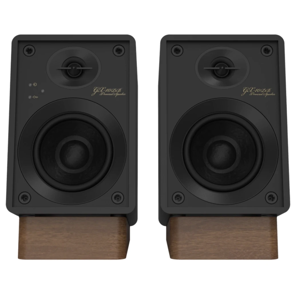 Onkyo GX-10DB Creator Speaker 17W x 2 Bluetooth negro con dos altavoces compactos, frontal mate, tweeter y woofer visibles, base de madera estilo vintage