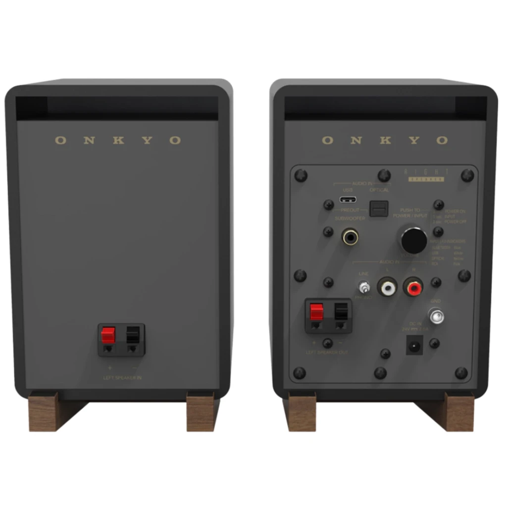 Onkyo GX-10DB Creator Speaker 17W x 2 Bluetooth Negro con dos altavoces en negro mate, bases de madera y panel trasero con puertos RCA, AUX, USB y controles