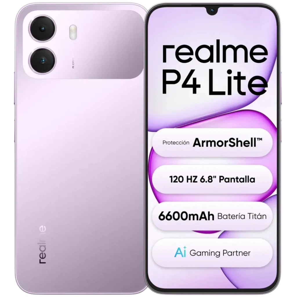 Realme P4 Lite 4G lila con doble cámara trasera, pantalla IPS de 6,74 pulgadas con notch en gota y bordes finos, acabado mate y logo realme discreto