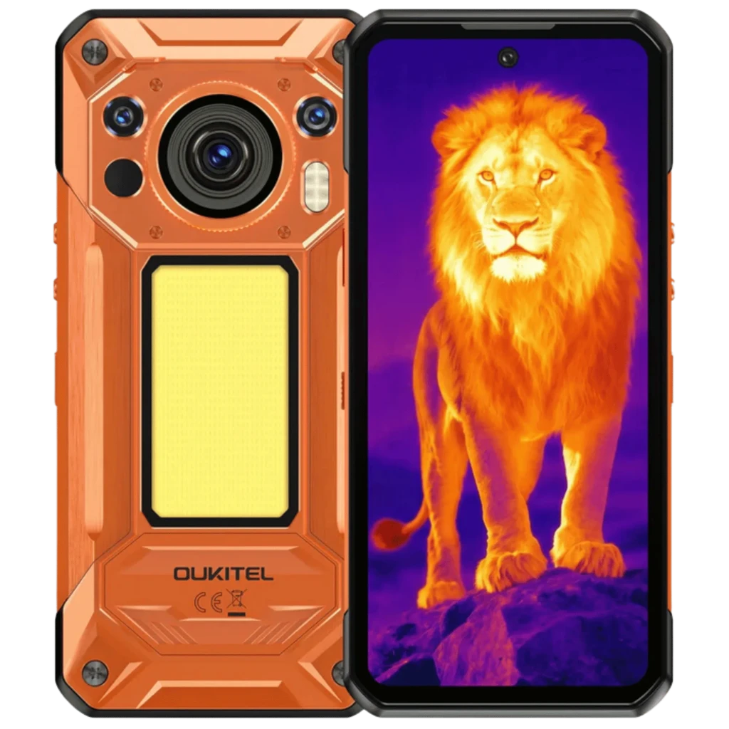 Oukitel WP500 Ultra Thermal naranja con cámara térmica 640×512px, cuerpo rugerizado MIL-STD-810H IP69K, pantalla con imagen térmica de león