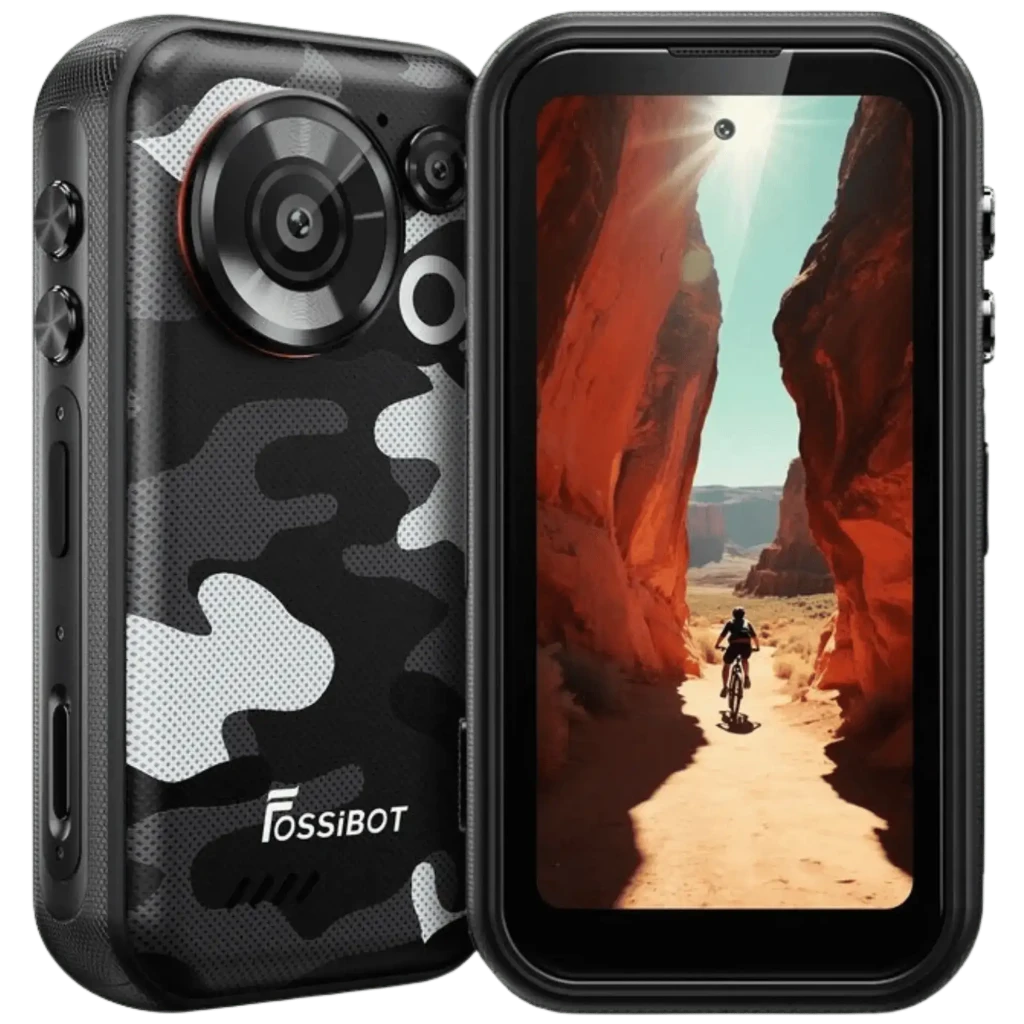 Fossibot F116 Pro 5G negro con diseño rugerizado camuflaje, pantalla 4 pulgadas 120Hz, cámara trasera grande, bordes reforzados y 12GB RAM 256GB
