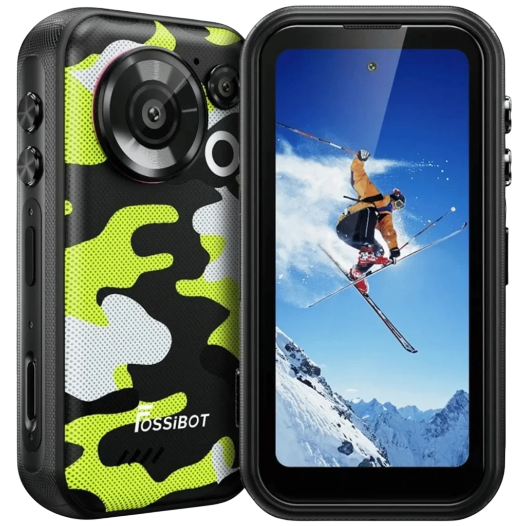 Fossibot F116 Pro 5G verde con trasera camuflaje, doble cámara grande, pantalla 4 pulgadas 120Hz con biseles robustos y botones laterales visibles