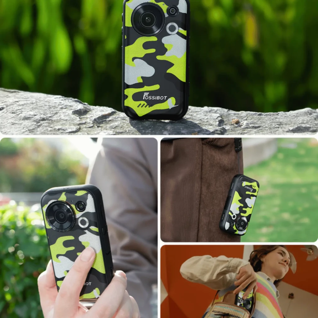 Fossibot F116 Pro 5G negro compacto con trasera camuflaje verde y gris, módulo de cámara circular grande, bordes rugerizados y diseño resistente portátil