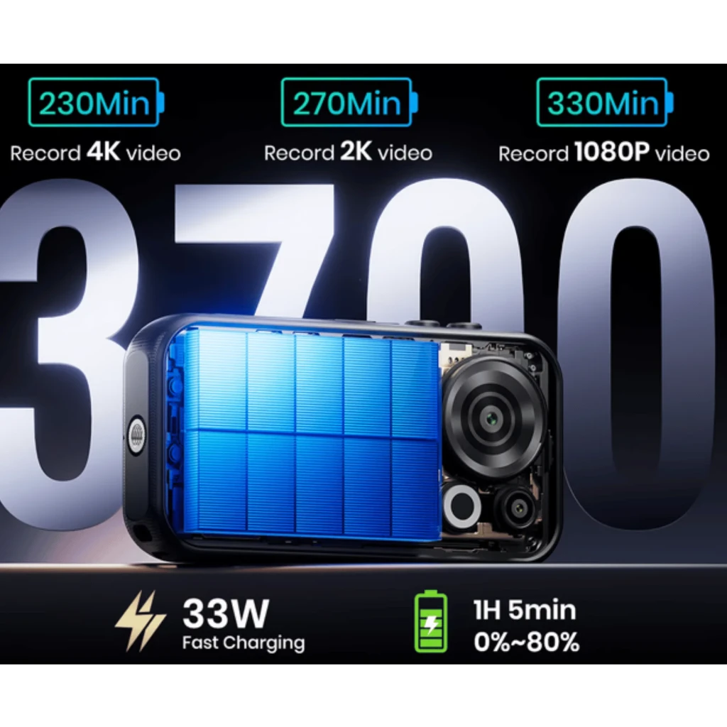 Fossibot F116 Pro 5G negro con panel solar azul, módulo de cámara expuesto y batería 3700 mAh; carga rápida 33W y tiempos de grabación destacados