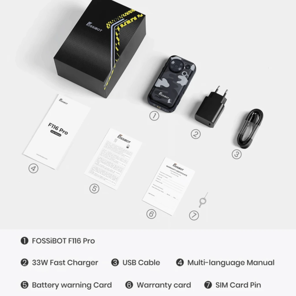 Smartphone Fossibot F116 Pro 5G negro con pantalla 4 pulgadas 120Hz; incluye cargador 33W, cable USB, manuales, tarjeta de garantía y pin SIM
