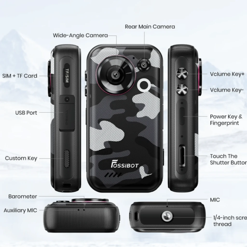 Fossibot F116 Pro 5G negro resistente, cuerpo rugerizado con camuflaje, cámaras traseras gran angular, lector de huella lateral, botones y puertos etiquetados