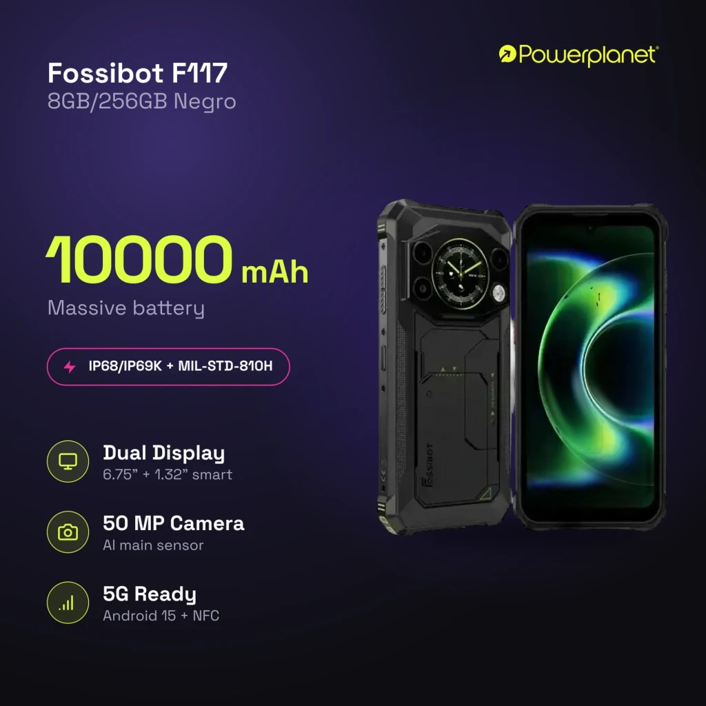 Fossibot F117 5G naranja con doble pantalla 6.75 y 1.32, cámara 50 MP, 8GB RAM, 256GB, batería 10000 mAh, resistente IP68 IP69K MIL-STD-810H y NFC