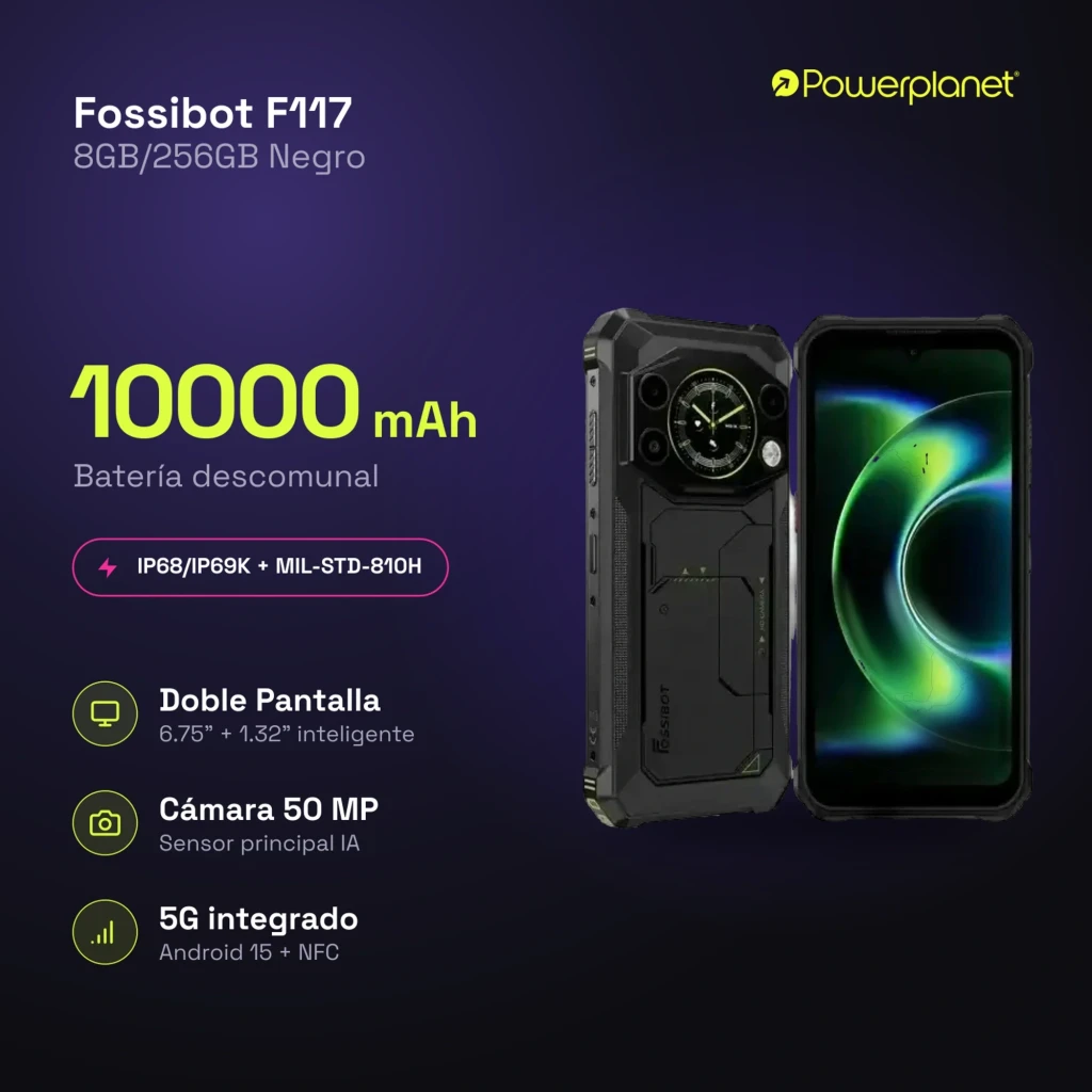 Fossibot F117 5G 256GB naranja, móvil rugerizado con gran módulo de cámara, pantalla amplia, cuerpo robusto con tornillos visibles y detalles en verde