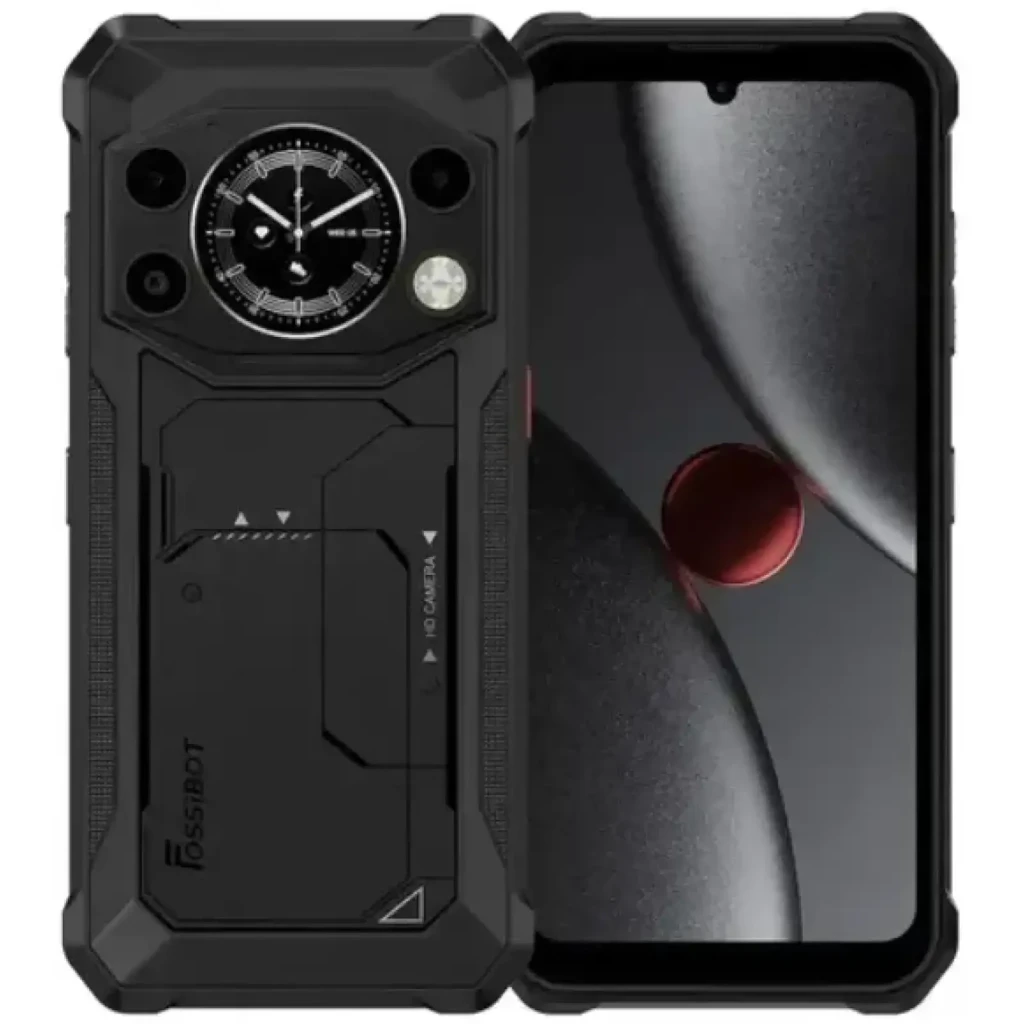 Fossibot F117 5G negro robusto con pantalla amplia, módulo trasero con linterna y diseño reforzado; 8GB RAM, 256GB y batería 10000mAh