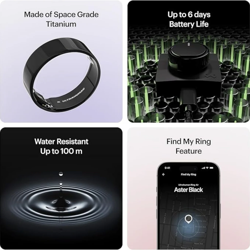 Ultrahuman Ring Air anillo inteligente negro Aster Black, titanio de grado espacial, 10 ATM hasta 100 m, autonomía hasta 6 días, función Find My Ring