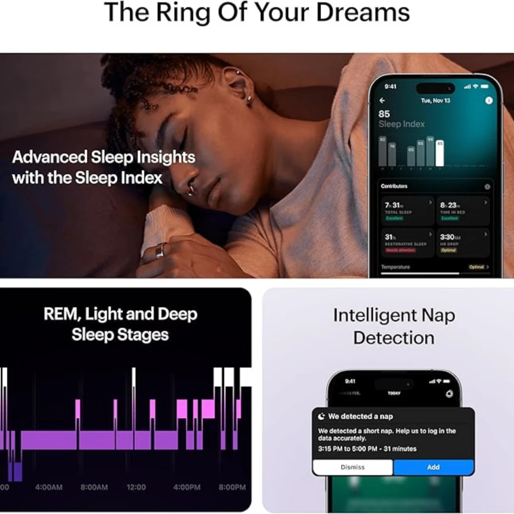Ultrahuman Ring Air Anillo Inteligente Talla 10 en titanio Aster Black; resistente 10 ATM. Muestra app con índice de sueño, fases REM y siesta inteligente.
