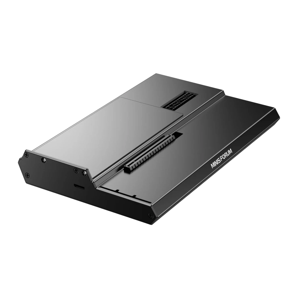 EGPU Dock MINISFORUM DEG1 eGPU Dock OCuLink PCIe 4.0 x4 base externa negra, diseño delgado metálico, ranura PCIe expuesta y rejillas de ventilación