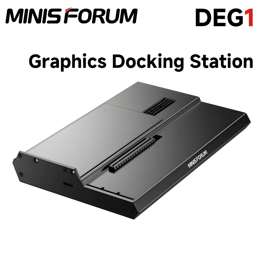 Base eGPU MINISFORUM DEG1 negra, diseño delgado en metal, ranura PCIe expuesta, puerto OCuLink lateral y ventilación superior para tarjetas gráficas externas