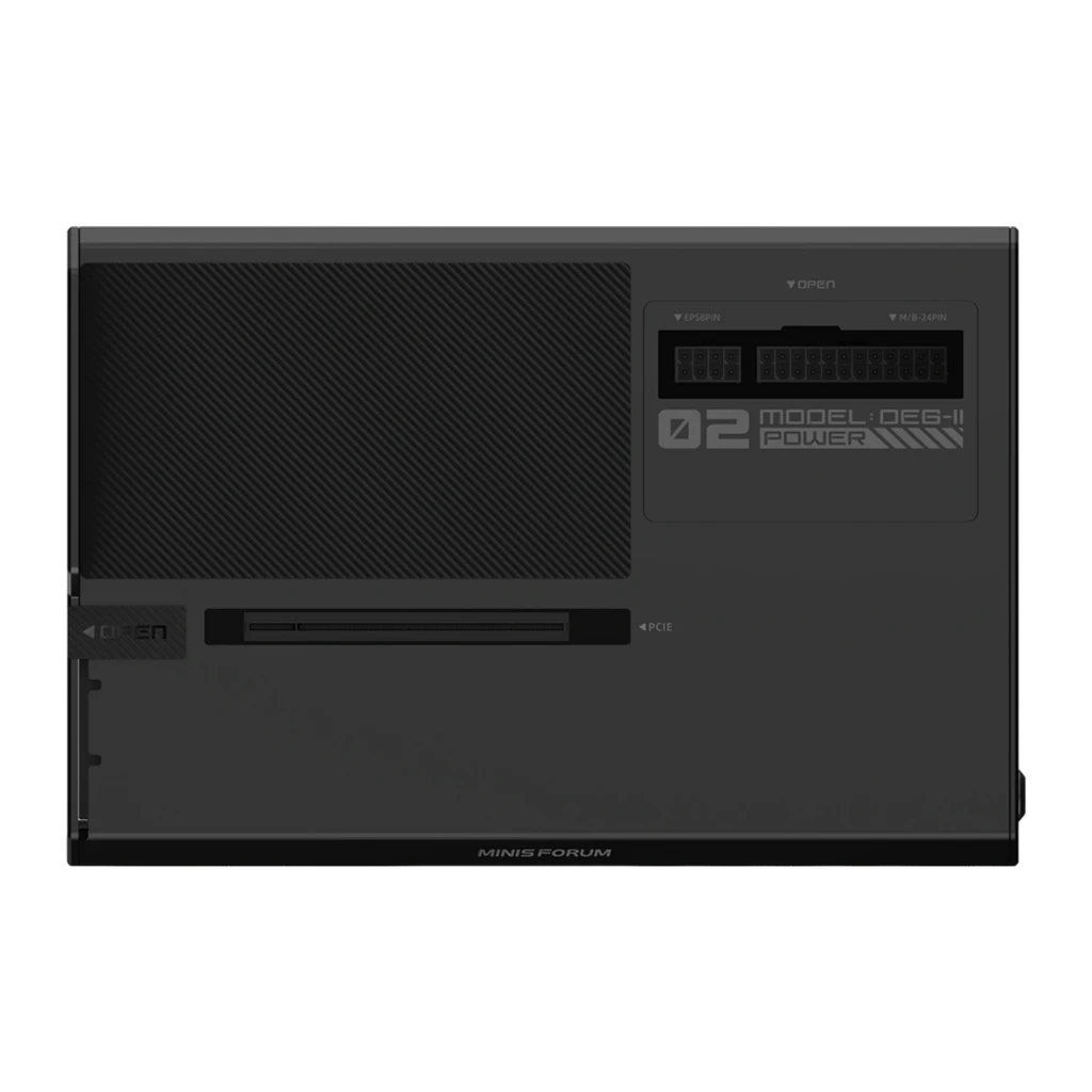 EGPU Dock MINISFORUM DEG2 OCuLink eGPU Dock - Base de expansión externa con panel negro, rejilla texturizada, ranura PCIe, puertos OCuLink y bloque de