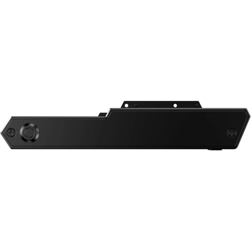 Módulo frontal negro alargado con botones circulares a los lados, diseño minimalista y montaje central para la EGPU Dock MINISFORUM DEG2 OCuLink