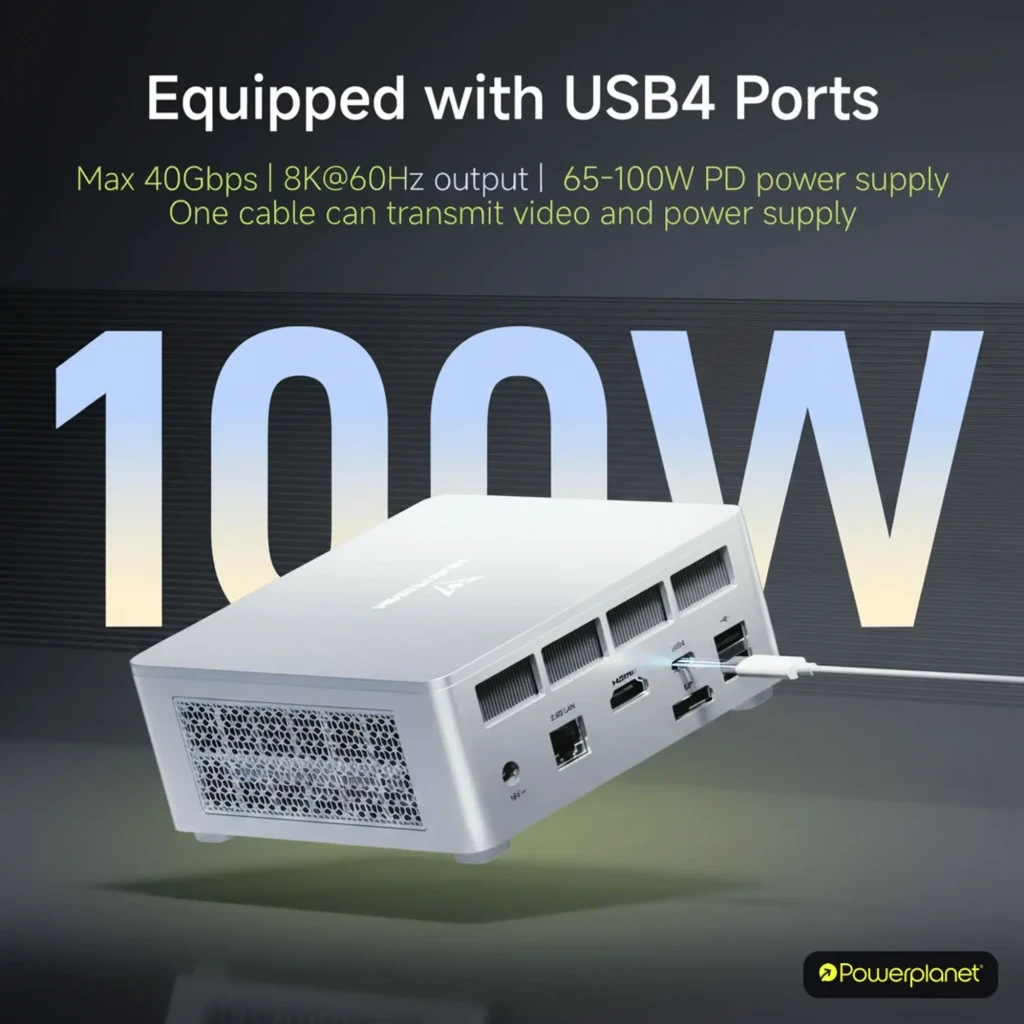 Mini PC Minisforum UM870 Slim plateado con puertos USB4, HDMI y Ethernet; rejilla lateral de ventilación, cable conectado y potencia PD hasta 100W