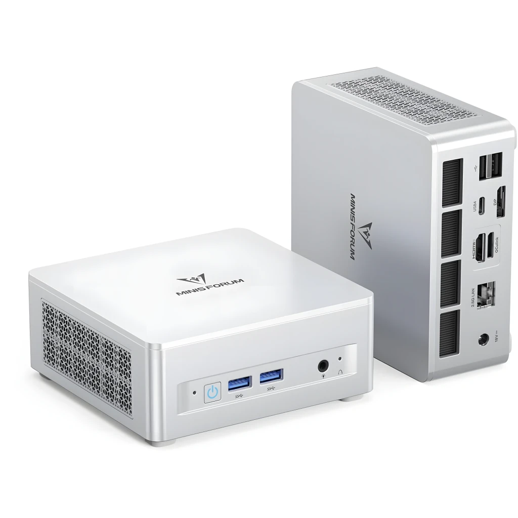 Mini PC Minisforum UM870 Slim plateado, compacto, con rejillas laterales, puertos frontales USB y audio, y panel trasero con HDMI, USB, Ethernet y ventilación
