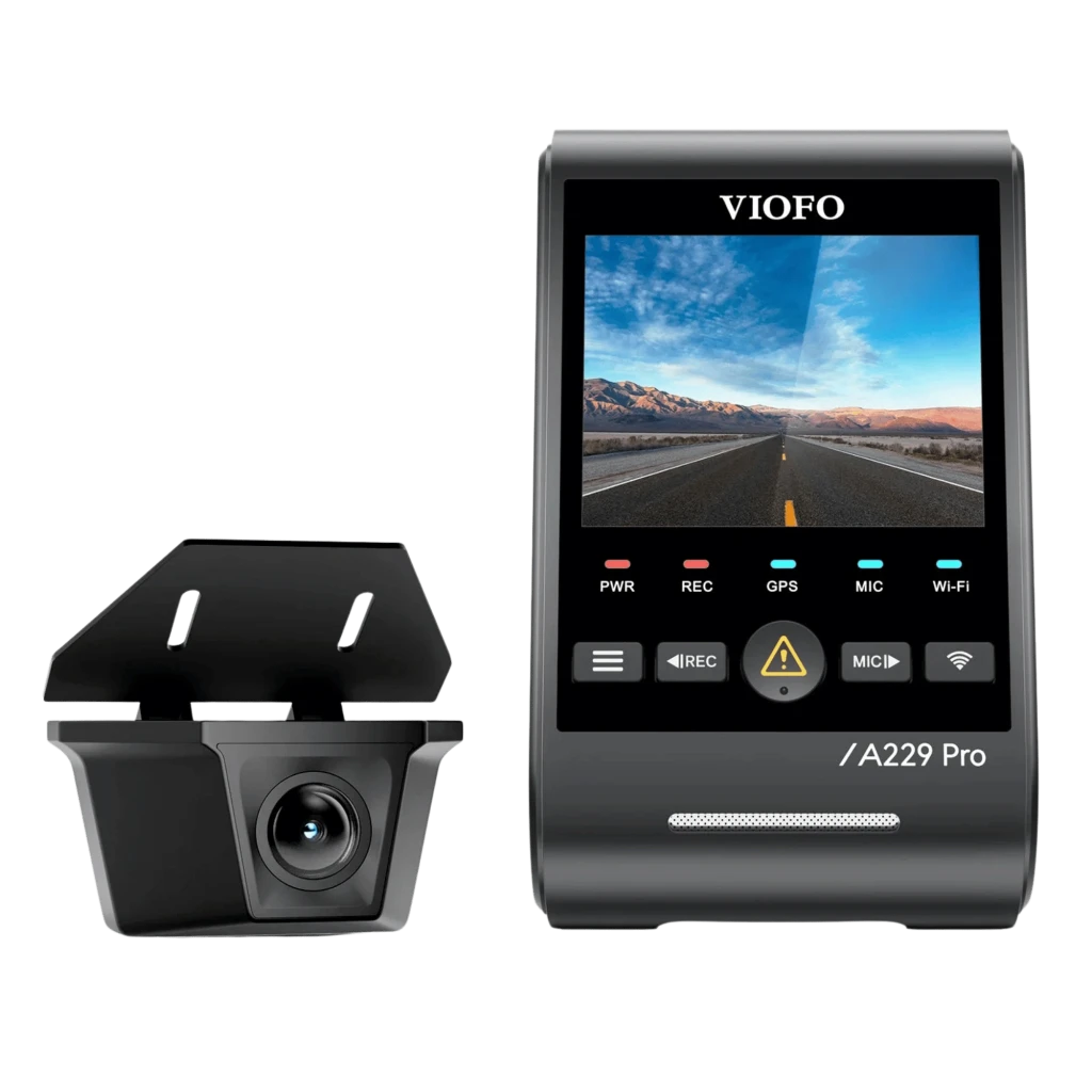 VIOFO A229 Pro-W dashcam 2 canais com ecrã, lente frontal 4K e traseira 2K, GPS, Wi‑Fi e microfone; módulo traseiro compacto com sensor Sony STARVIS 2