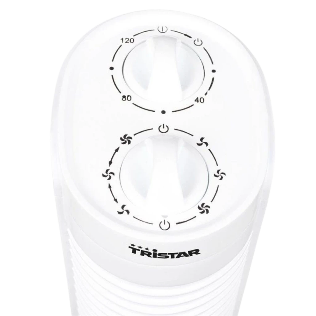 Panel superior del Tristar VE-5900 en blanco con dos perillas: temporizador de 0 a 120 min y selector de 3 velocidades, diseño de rejillas verticales