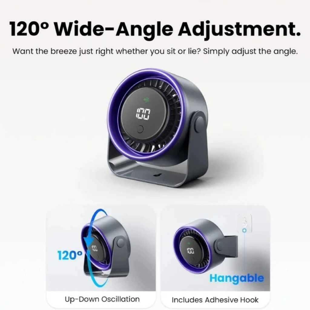 Vention PBJN0-PRO ventilador de sobremesa 10 W con 3 velocidades, giro vertical 120°, pantalla LED, aro luminoso morado y soporte colgable con gancho adhesivo