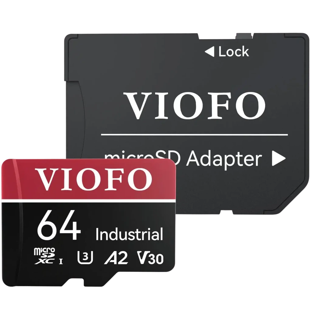 VIOFO tarjeta microSD 64GB Industrial MLC NAND con adaptador SD, clase A2 V30 U3, tonos negro y rojo, ideal para dashcam y seguridad, resistente y confiable