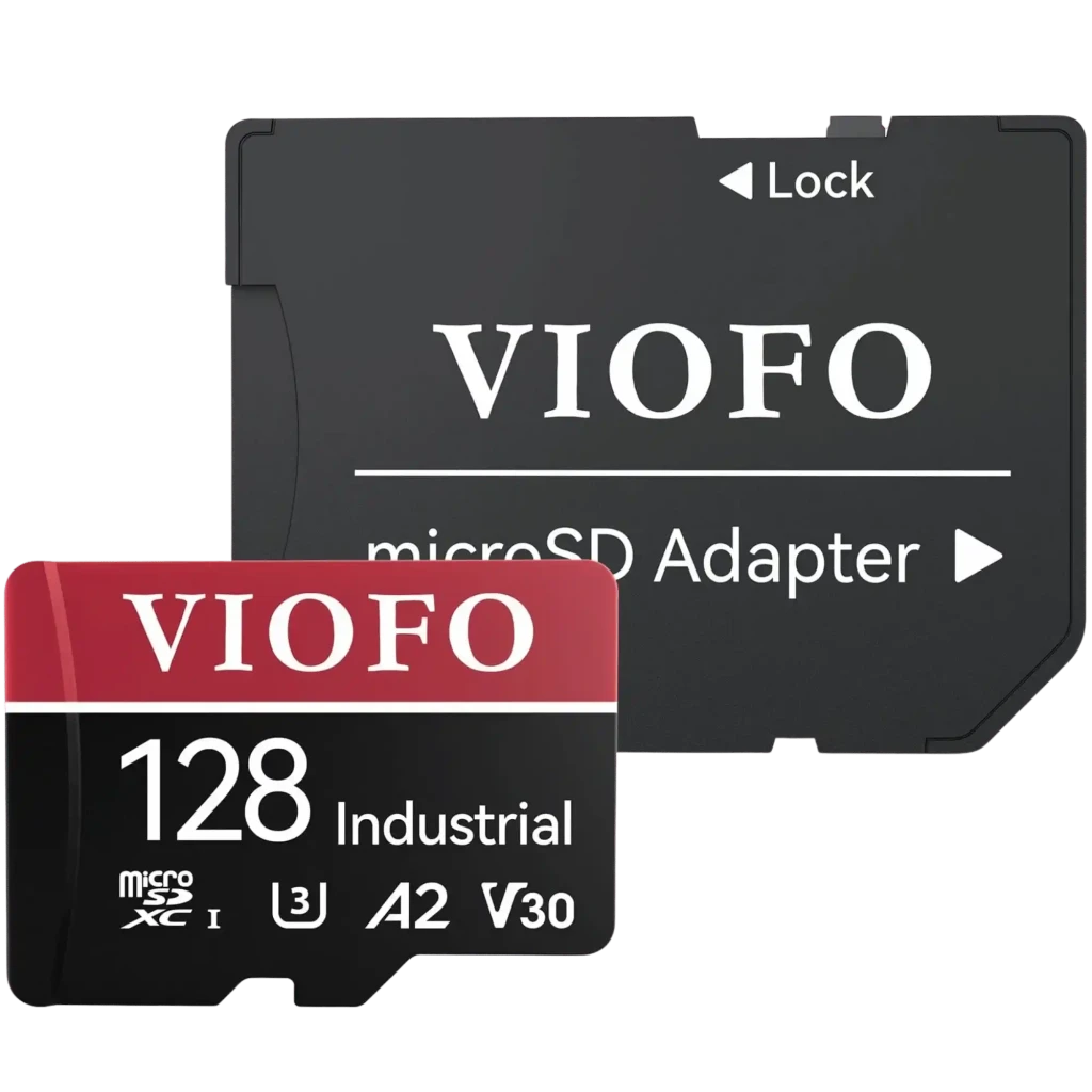 Tarjeta microSD VIOFO 128GB Industrial con adaptador SD; etiqueta roja y negra, clases A2 V30 U3, ideal para dashcam y seguridad, diseño robusto y duradero