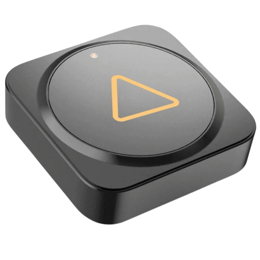 VIOFO BTR200 mando remoto Bluetooth cuadrado y compacto en negro, con gran botón central circular y triángulo amarillo, luz LED superior y bordes redondeados