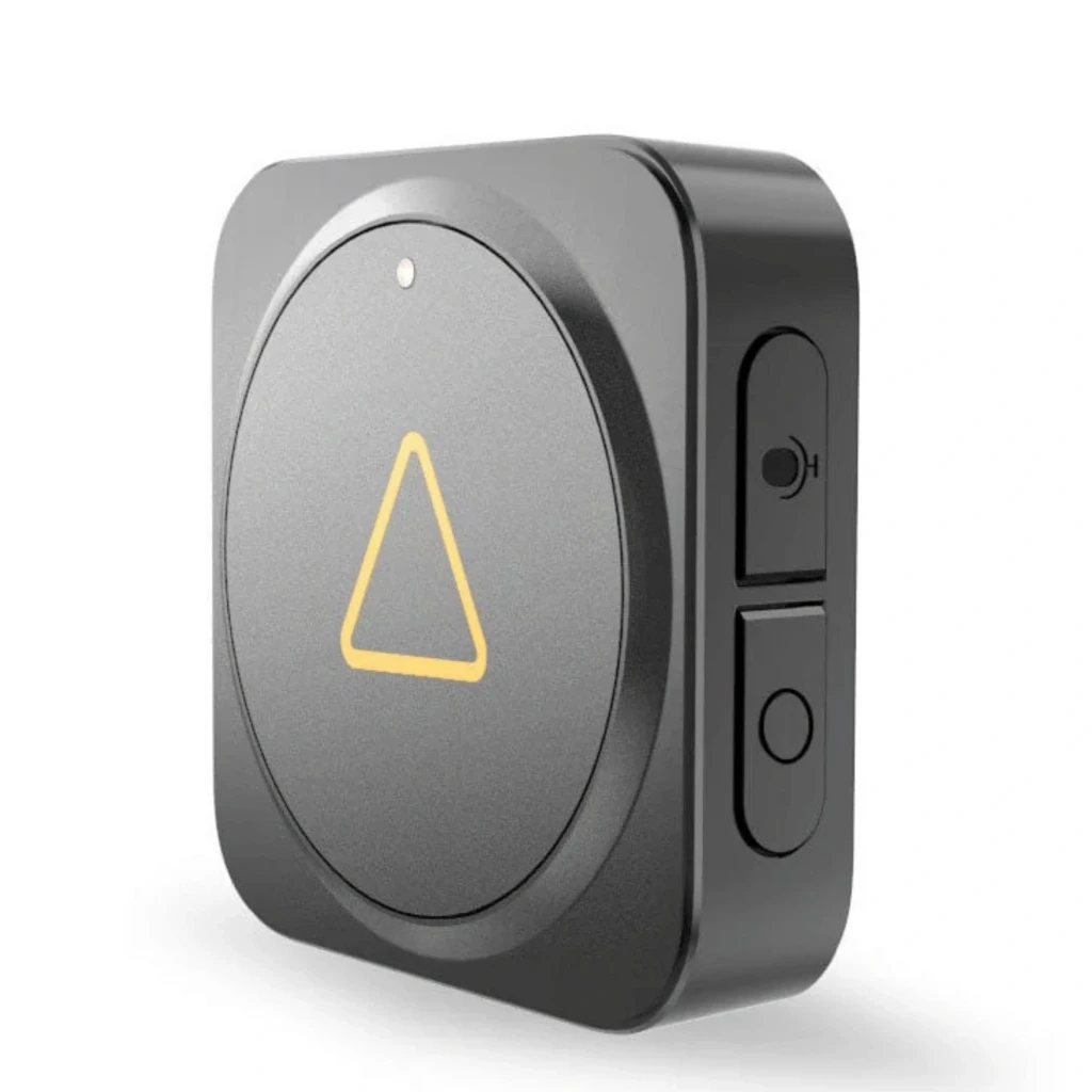 VIOFO BTR200 mando Bluetooth compacto en negro con rueda central y triángulo amarillo, dos botones laterales y luz LED, carcasa cuadrada de esquinas