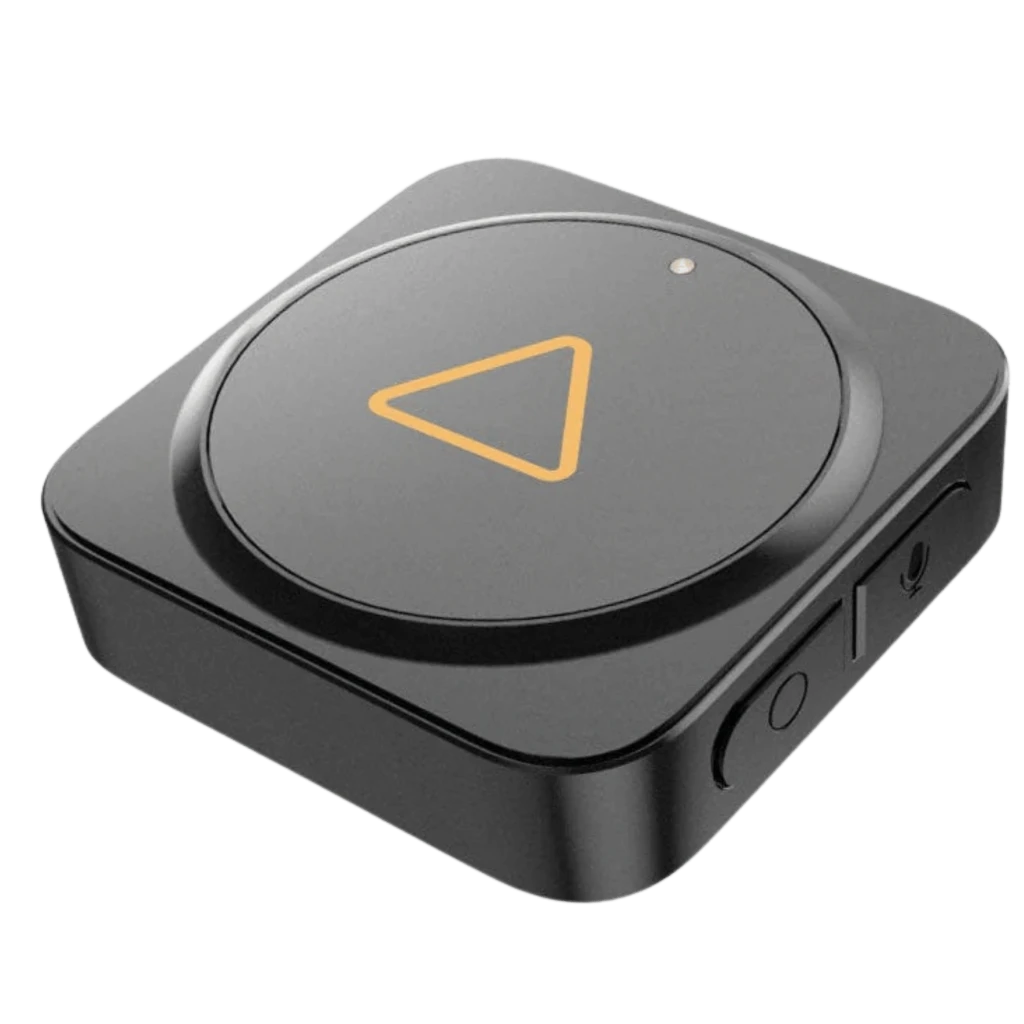VIOFO BTR200 mando remoto Bluetooth para dashcam con 3 botones programables; diseño cuadrado negro, botón central triangular amarillo y LED indicador