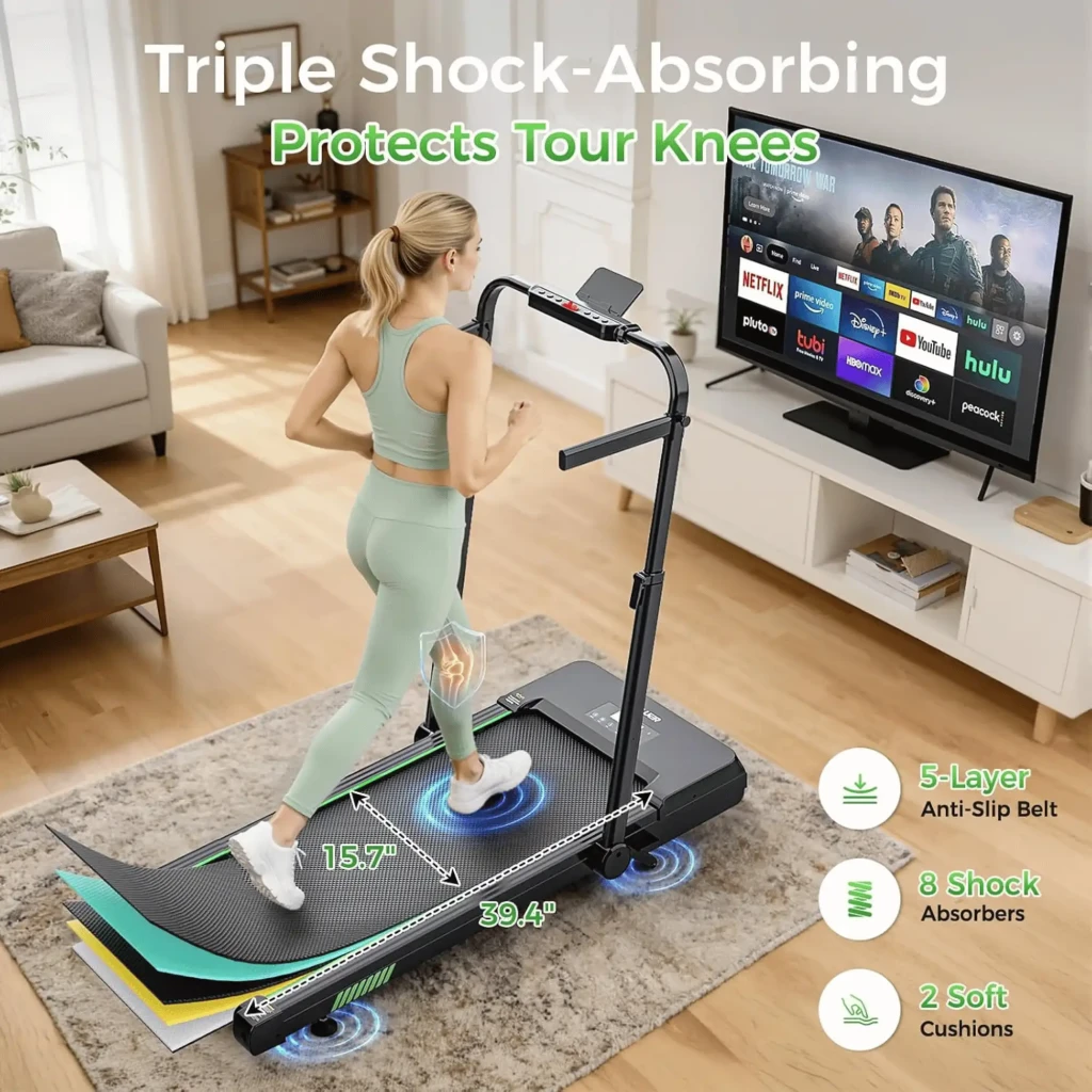 Akluer TW140x cinta de correr plegable con auto-inclinación 12%, barandillas laterales, altavoz Bluetooth, banda antideslizante y triple amortiguación