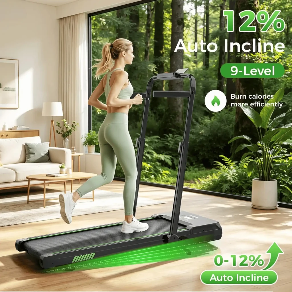 Akluer TW140x: cinta de correr plegable con inclinación automática 0–12%, 9 niveles, altavoz Bluetooth, barandillas laterales y luces verdes en la base