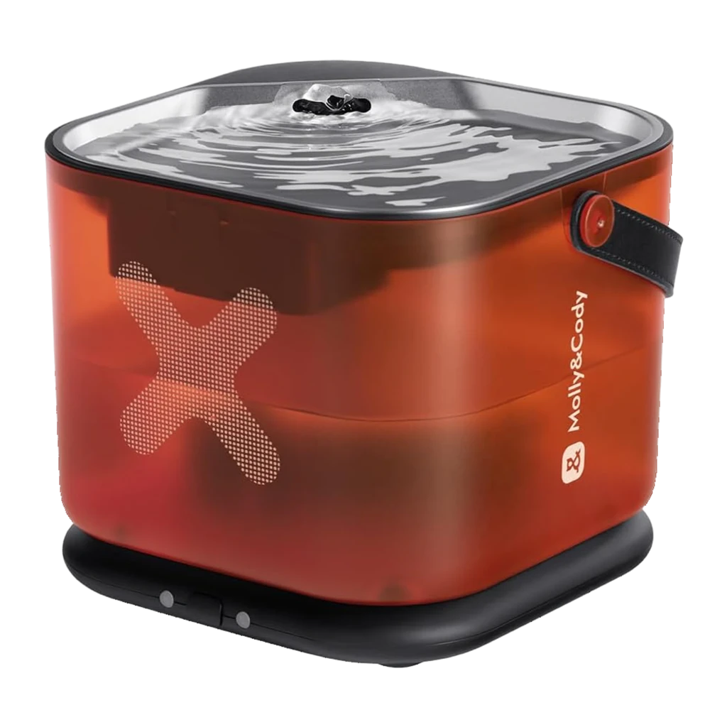 Bebedero automático Molly & Cody sin cable, cubeta naranja translúcida con tapa de acero, flujo de agua en remolino, botón lateral y base antideslizante
