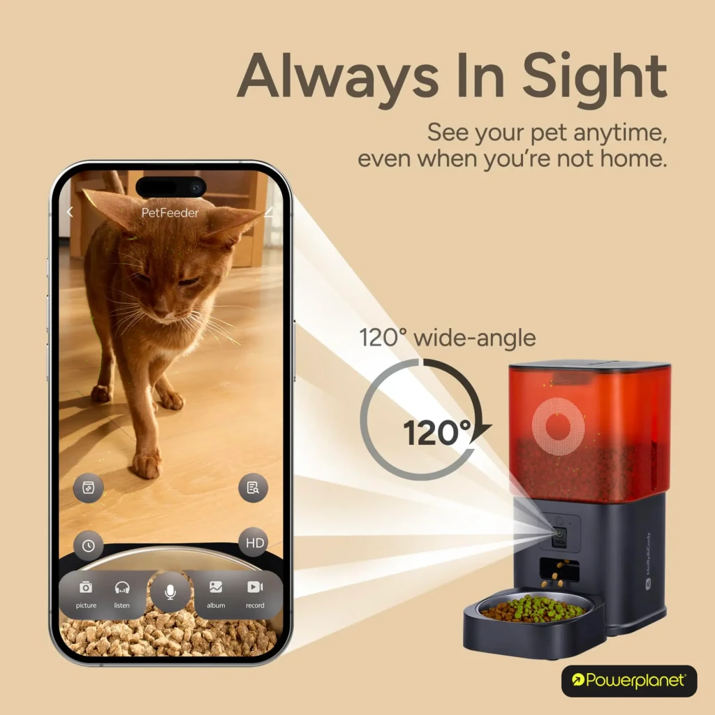 Comedero Automático Molly & Cody Smart Feeder 6L con cámara gran angular 120°, depósito rojo translúcido, app móvil y bandeja de comida con croquetas