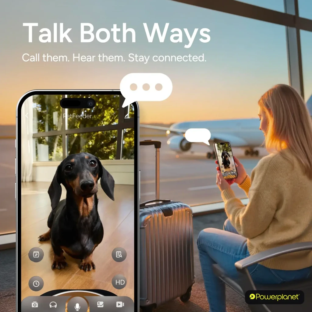 Comedero Automático Molly & Cody Smart Feeder 6L con app y cámara HD; vista de interfaz móvil mostrando video del perro y audio bidireccional en tiempo real