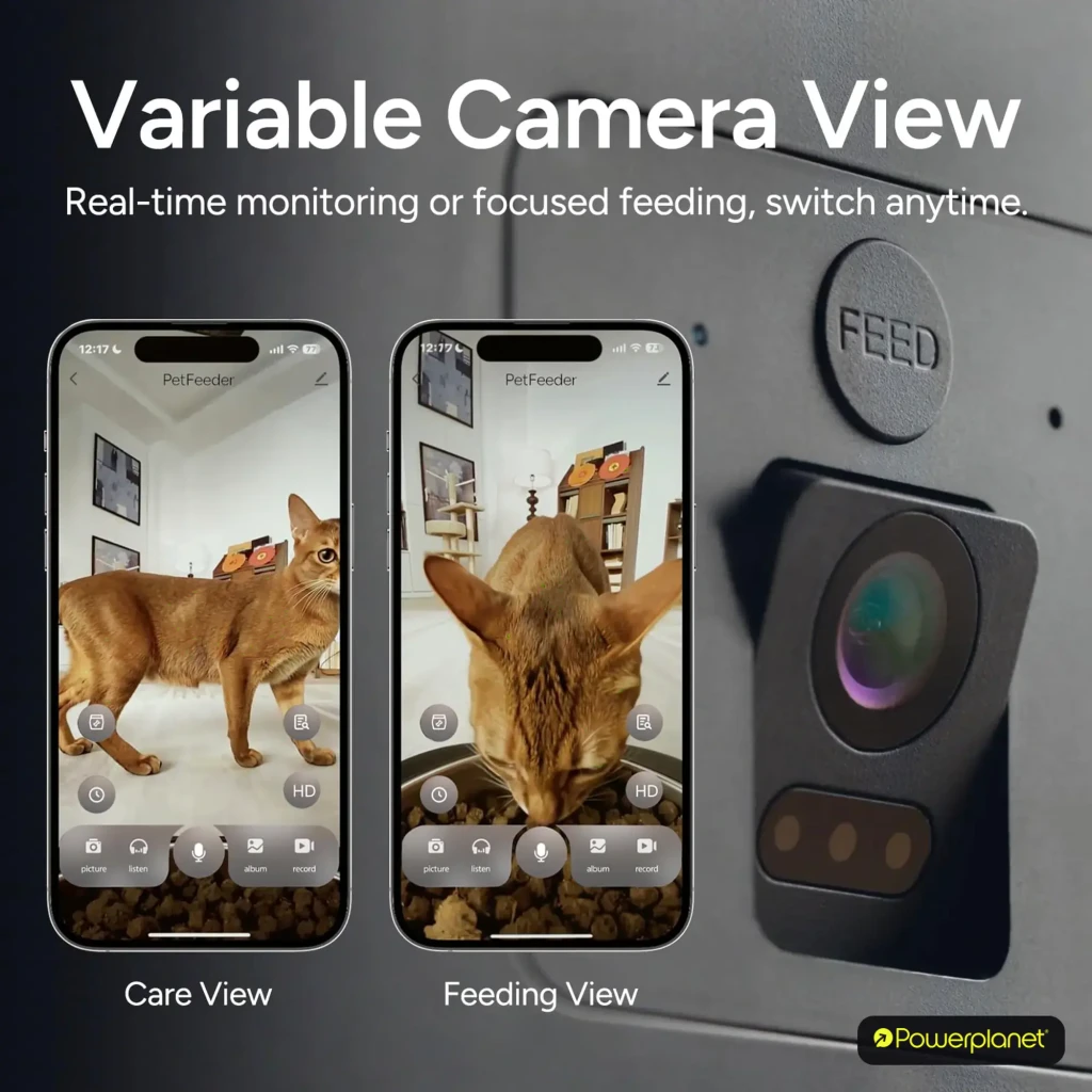 Comedero Automático Molly & Cody Smart Feeder 6L App Camera con cámara integrada y vistas Care y Feeding en la app; botón Feed y lente con sensor visible