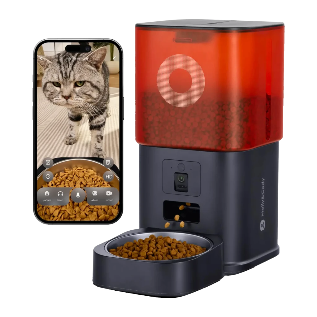 Comedero Automático Molly & Cody Smart Feeder 6L App Camera con depósito rojo translúcido, cámara frontal, dispensador programable y tazón gris con